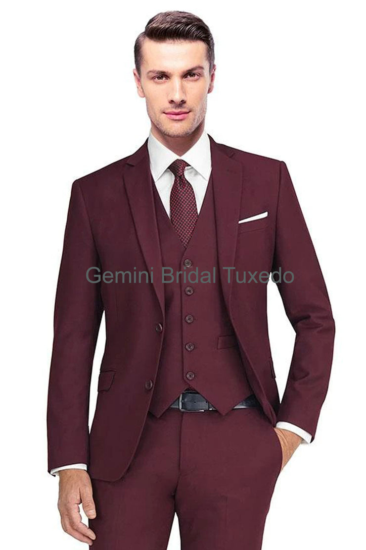 Modern Burgundy Suit Blazer-Gemini Bridal Prom Tuxedo Centre